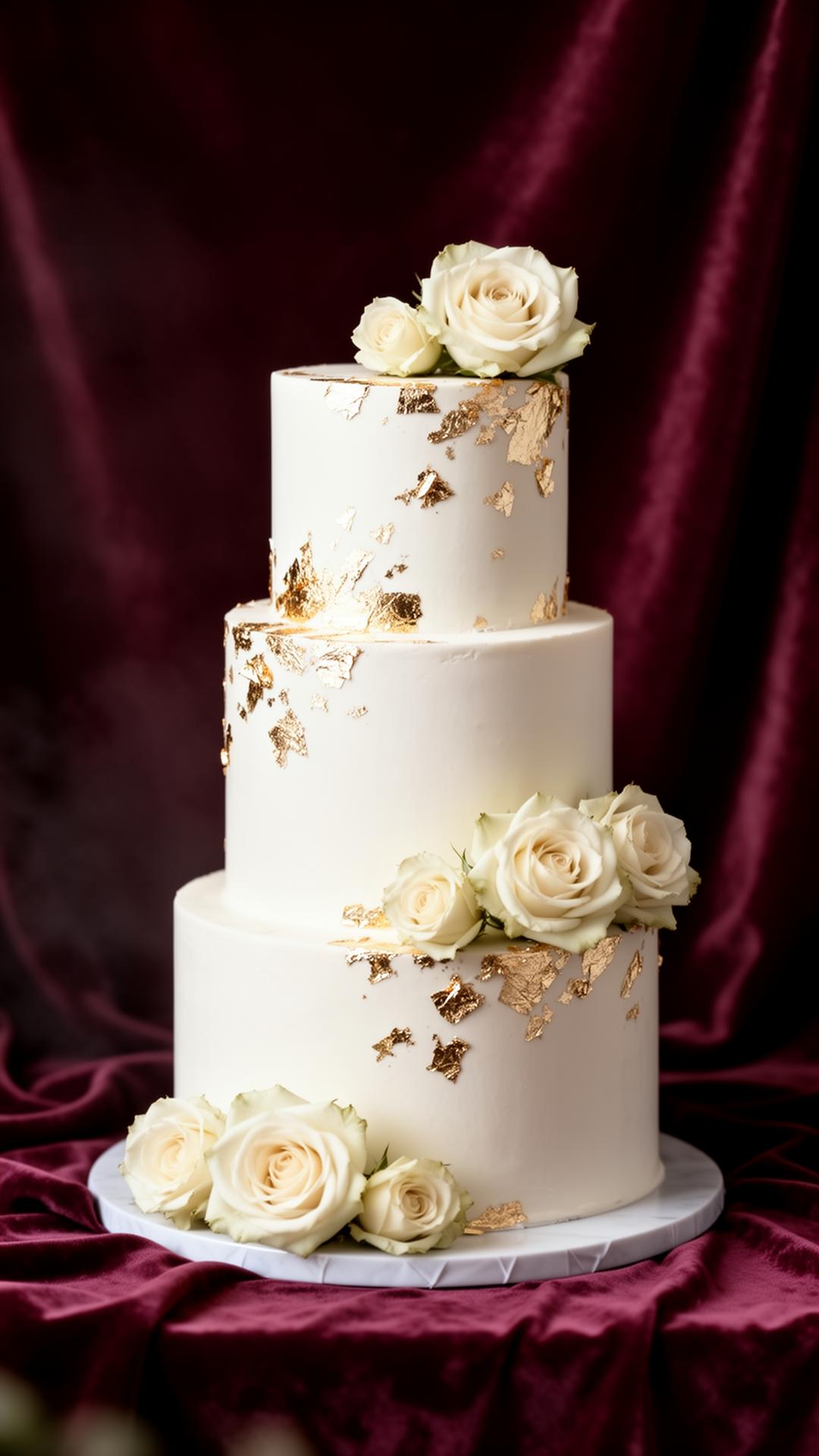 Ivory wedding cake with gold leaf and white roses
